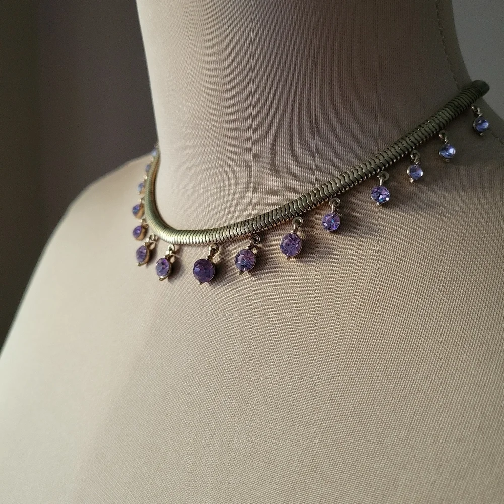 Stunning Gold Toned Choker Necklace with‎ Purple Crystal Drops